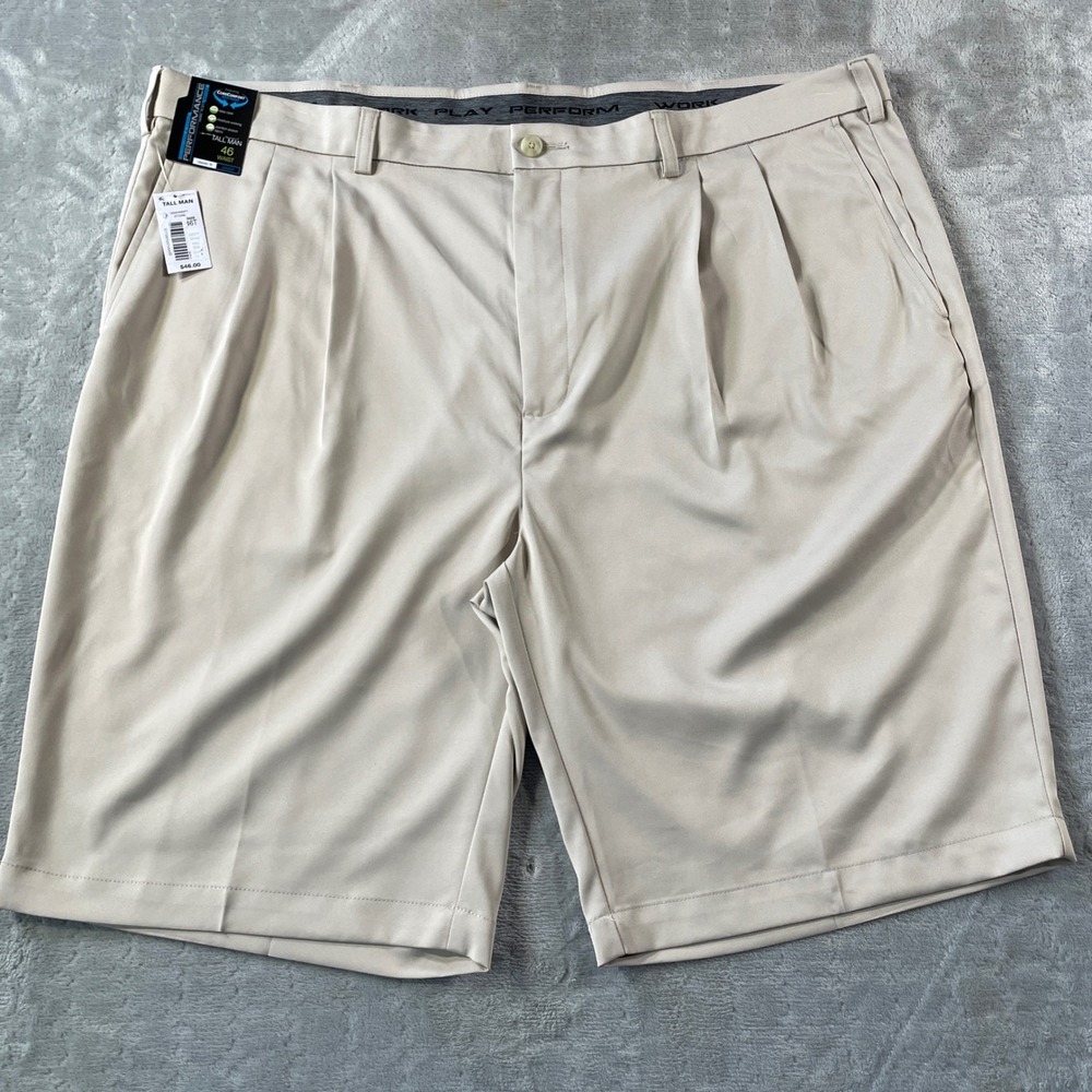 Roundtree Yorke Performance Shorts Mens 46 Tall Beige Golf Pleated Stretch Light